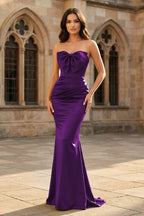Mermaid Sweetheart Dark Green Satin Long Evening Dress with Bow - Curvevia
