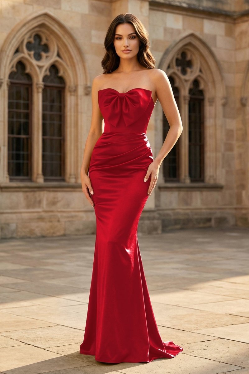Mermaid Sweetheart Dark Green Satin Long Evening Dress with Bow - Curvevia