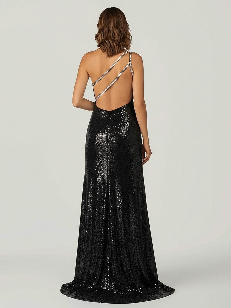 Orange One Shoulder Sequins Mermaid Prom Dresses with Slit - Curvevia