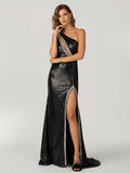 Orange One Shoulder Sequins Mermaid Prom Dresses with Slit - Curvevia