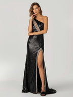 Orange One Shoulder Sequins Mermaid Prom Dresses with Slit - Curvevia