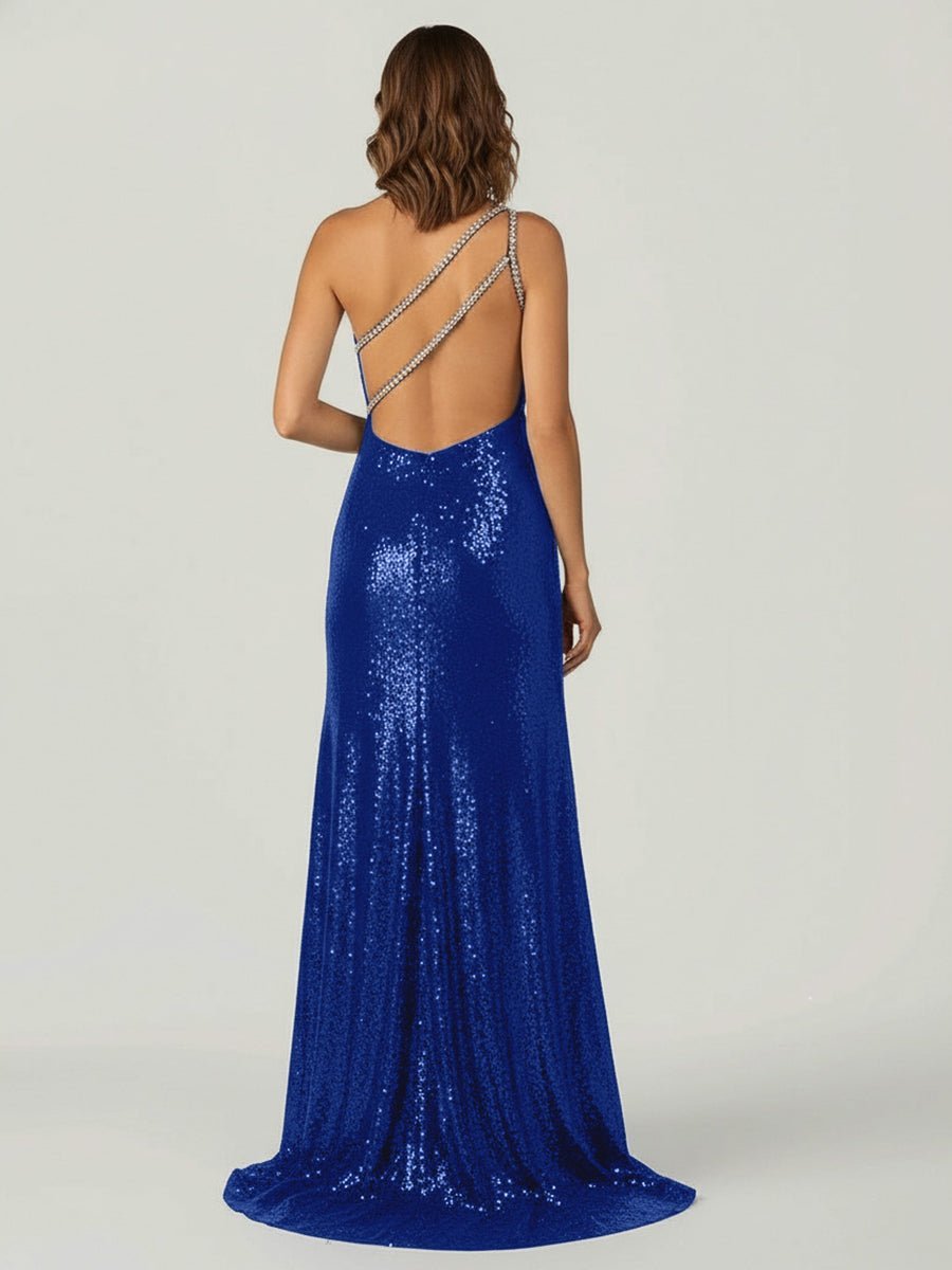 Orange One Shoulder Sequins Mermaid Prom Dresses with Slit - Curvevia