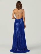 Orange One Shoulder Sequins Mermaid Prom Dresses with Slit - Curvevia