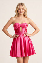 A-line Strapless Fuchsia Pleated Wedding Guest Dress with Keyhole - Curvevia