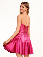 A-line Strapless Fuchsia Pleated Wedding Guest Dress with Keyhole - Curvevia