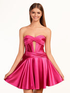 A-line Strapless Fuchsia Pleated Wedding Guest Dress with Keyhole - Curvevia