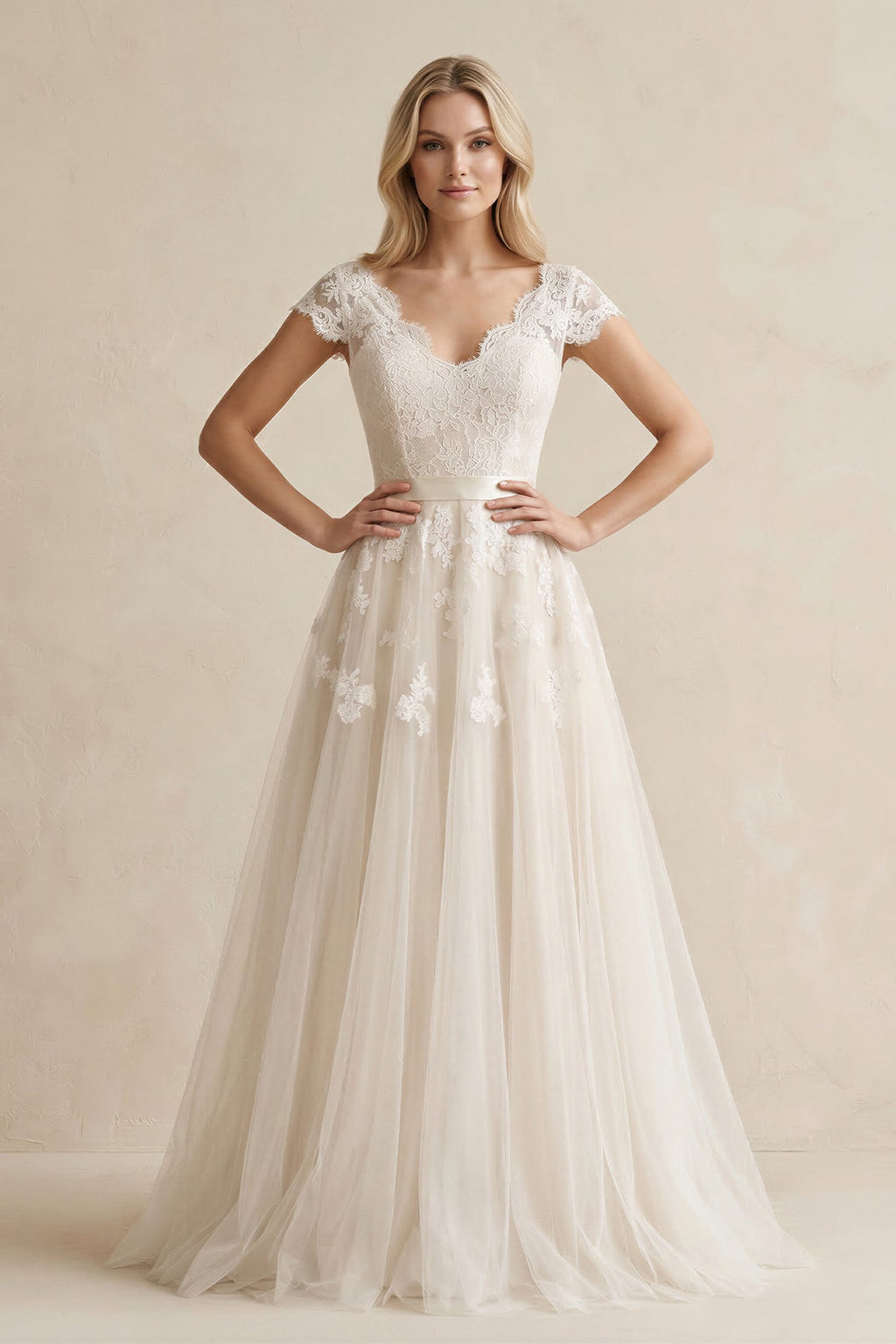Cap Sleeve V-Neck Lace Tulle Wedding Dress With Zipper Back - Curvevia