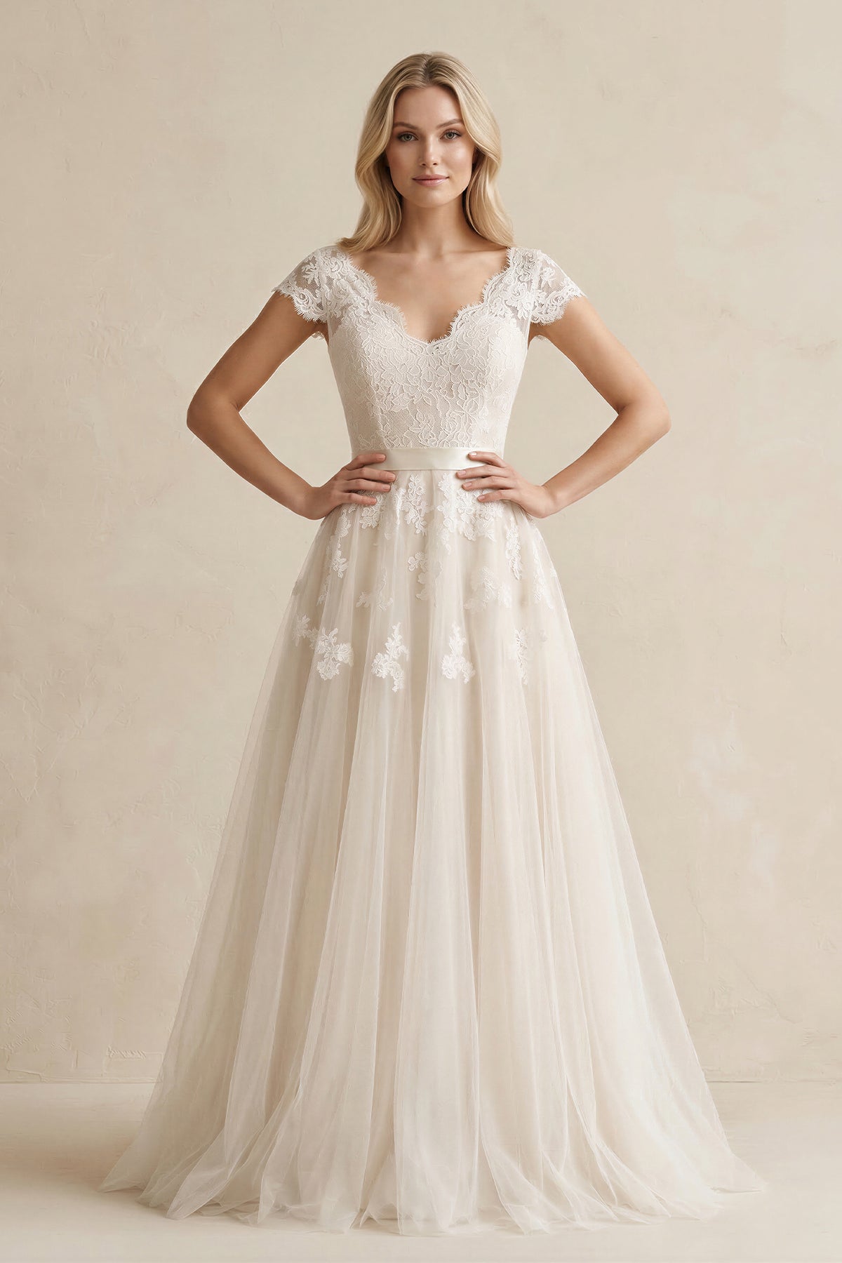 Cap Sleeve V-Neck Lace Tulle Wedding Dress With Zipper Back - Curvevia