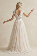 Cap Sleeve V-Neck Lace Tulle Wedding Dress With Zipper Back - Curvevia