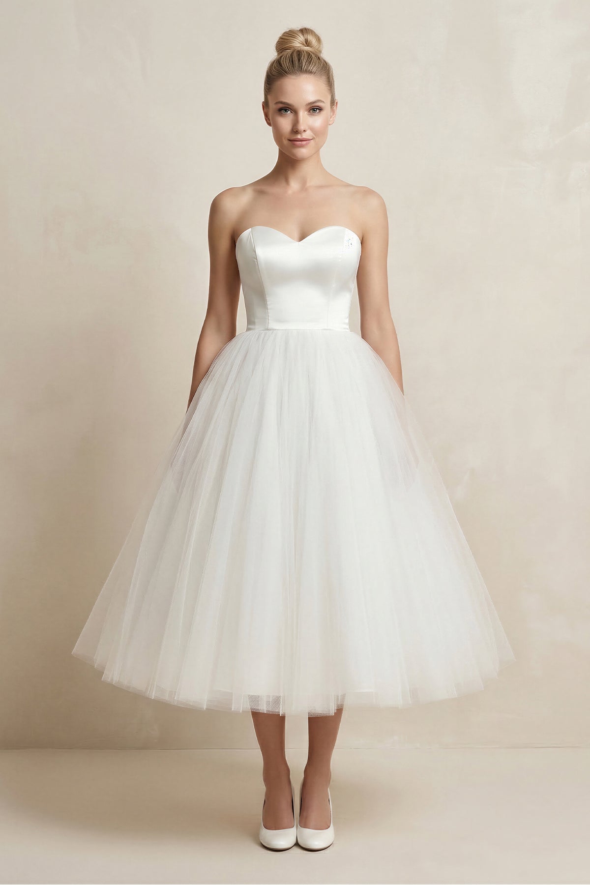 Sweetheart Empire Tea-Length Tulle Wedding Dress With Lace-Up Back - Curvevia