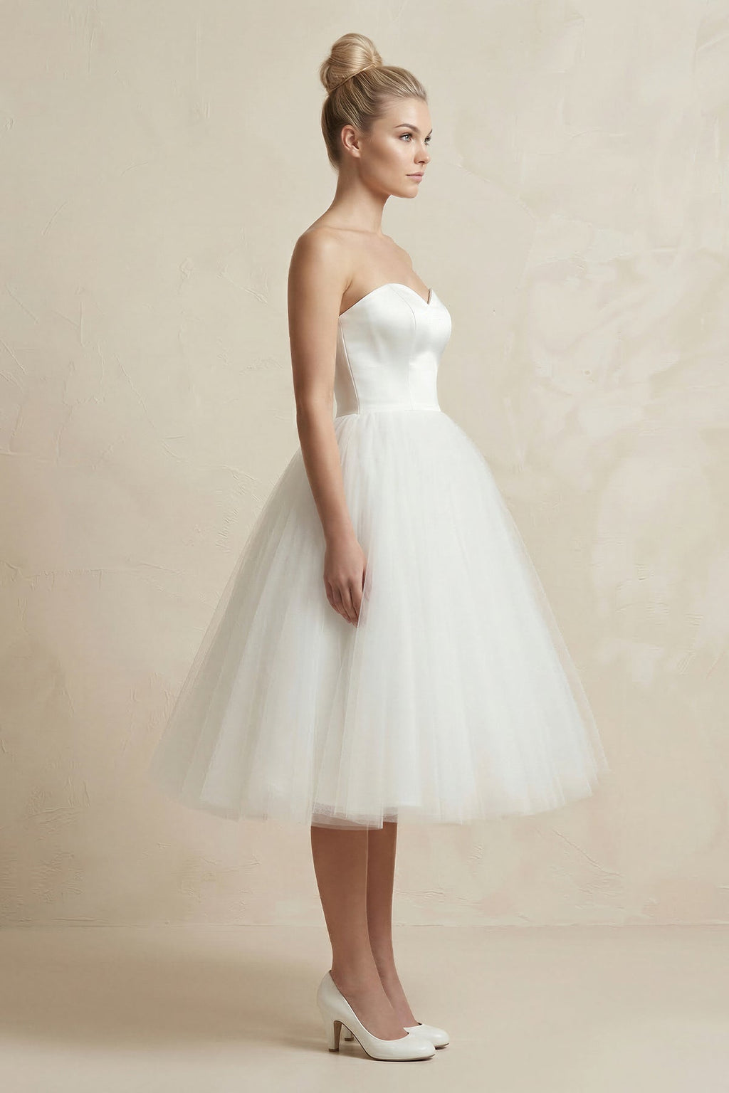 Sweetheart Empire Tea-Length Tulle Wedding Dress With Lace-Up Back - Curvevia