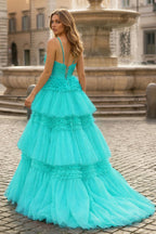 A-Line Spaghetti Straps Long Tiered Tulle Prom Dress With Split - Curvevia