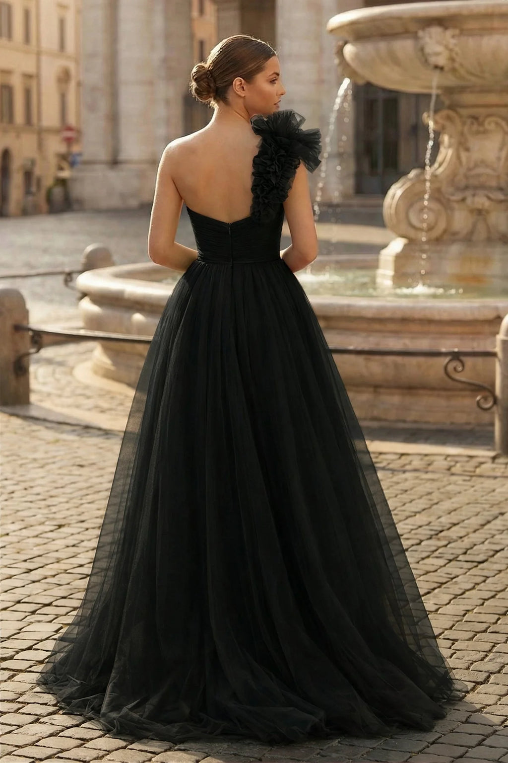 A-Line One Shoulder Long Tulle Wedding Guest Dress with Ruffles - Curvevia