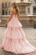A-Line Spaghetti Straps Long Tiered Tulle Prom Dress With Split - Curvevia