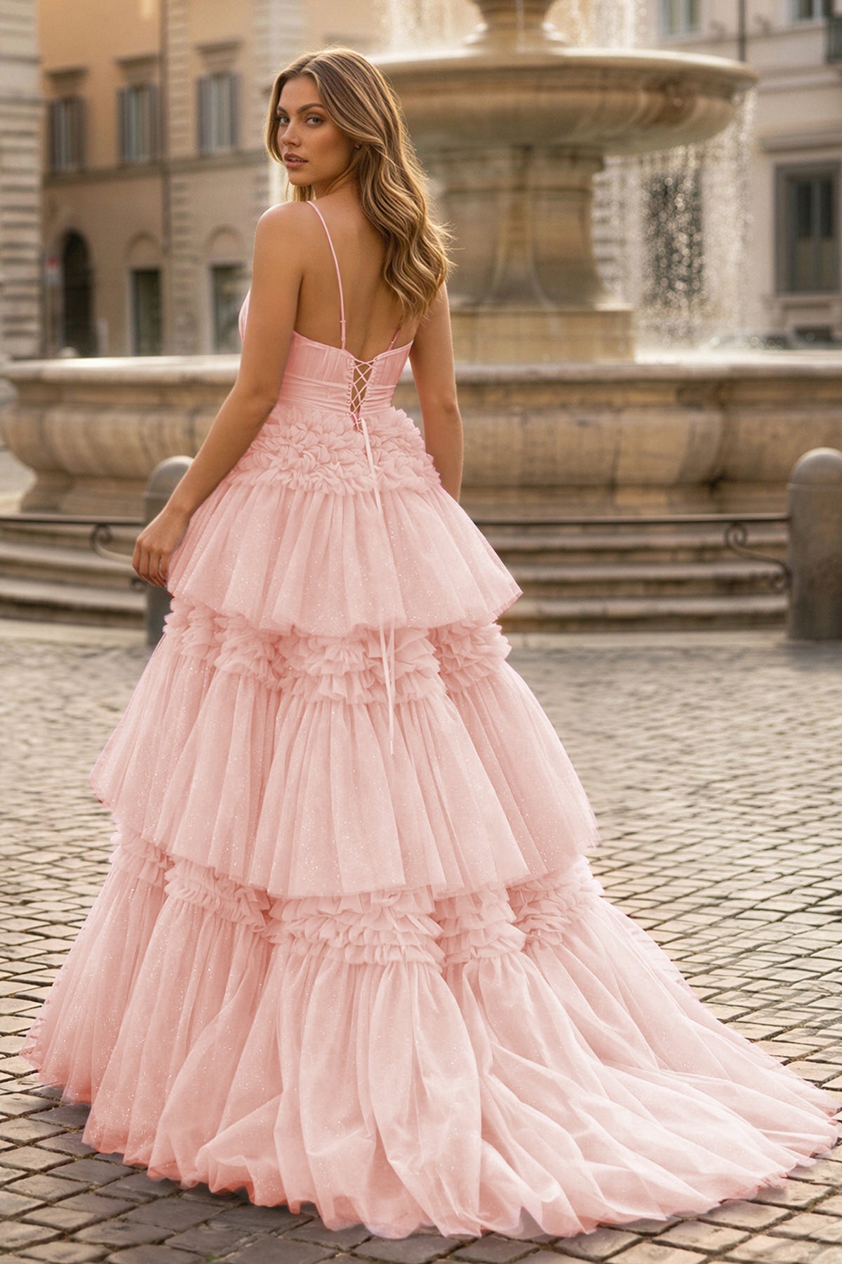 A-Line Spaghetti Straps Long Tiered Tulle Prom Dress With Split - Curvevia