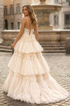 A-Line Spaghetti Straps Long Tiered Tulle Prom Dress With Split - Curvevia