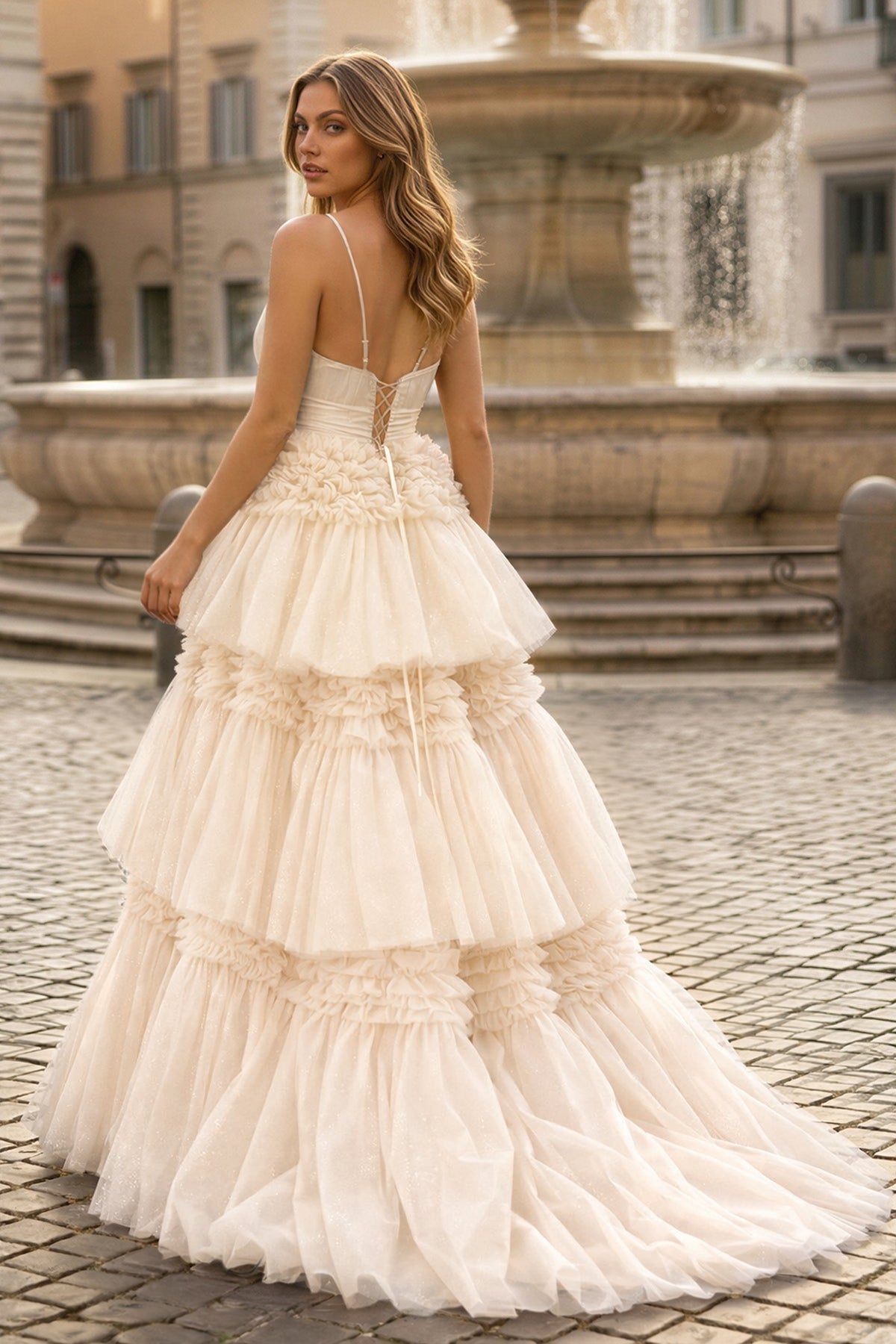 A-Line Spaghetti Straps Long Tiered Tulle Prom Dress With Split - Curvevia