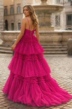 A-Line Spaghetti Straps Long Tiered Tulle Prom Dress With Split - Curvevia