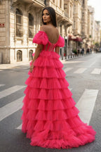 A-line Off-the-Shoulder Tulle Wedding Guest Dress with Slit - Curvevia