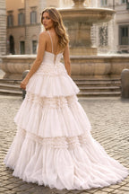 A-Line Spaghetti Straps Long Tiered Tulle Prom Dress With Split - Curvevia
