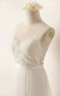 A-Line Tulle Lace V Neck Wedding Dress With Sweep Train - Curvevia