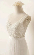 A-Line Tulle Lace V Neck Wedding Dress With Sweep Train - Curvevia