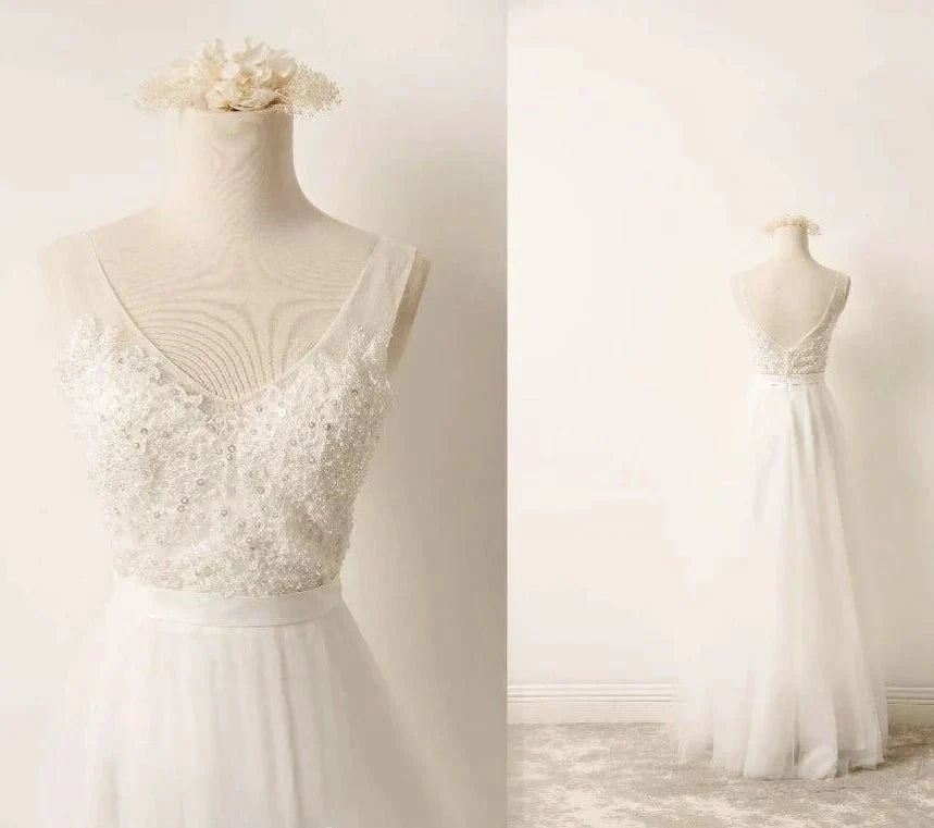 A-Line Tulle Lace V Neck Wedding Dress With Sweep Train - Curvevia