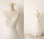 A-Line Tulle Lace V Neck Wedding Dress With Sweep Train - Curvevia