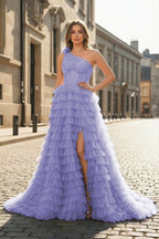 A Line One Shoulder Tiered Long Mother of the Bride Dress - Curvevia