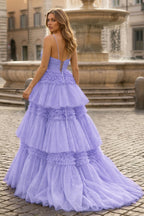 A-Line Spaghetti Straps Long Tiered Tulle Prom Dress With Split - Curvevia