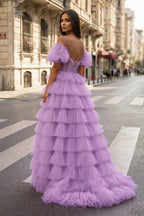 A-line Off-the-Shoulder Tulle Wedding Guest Dress with Slit - Curvevia