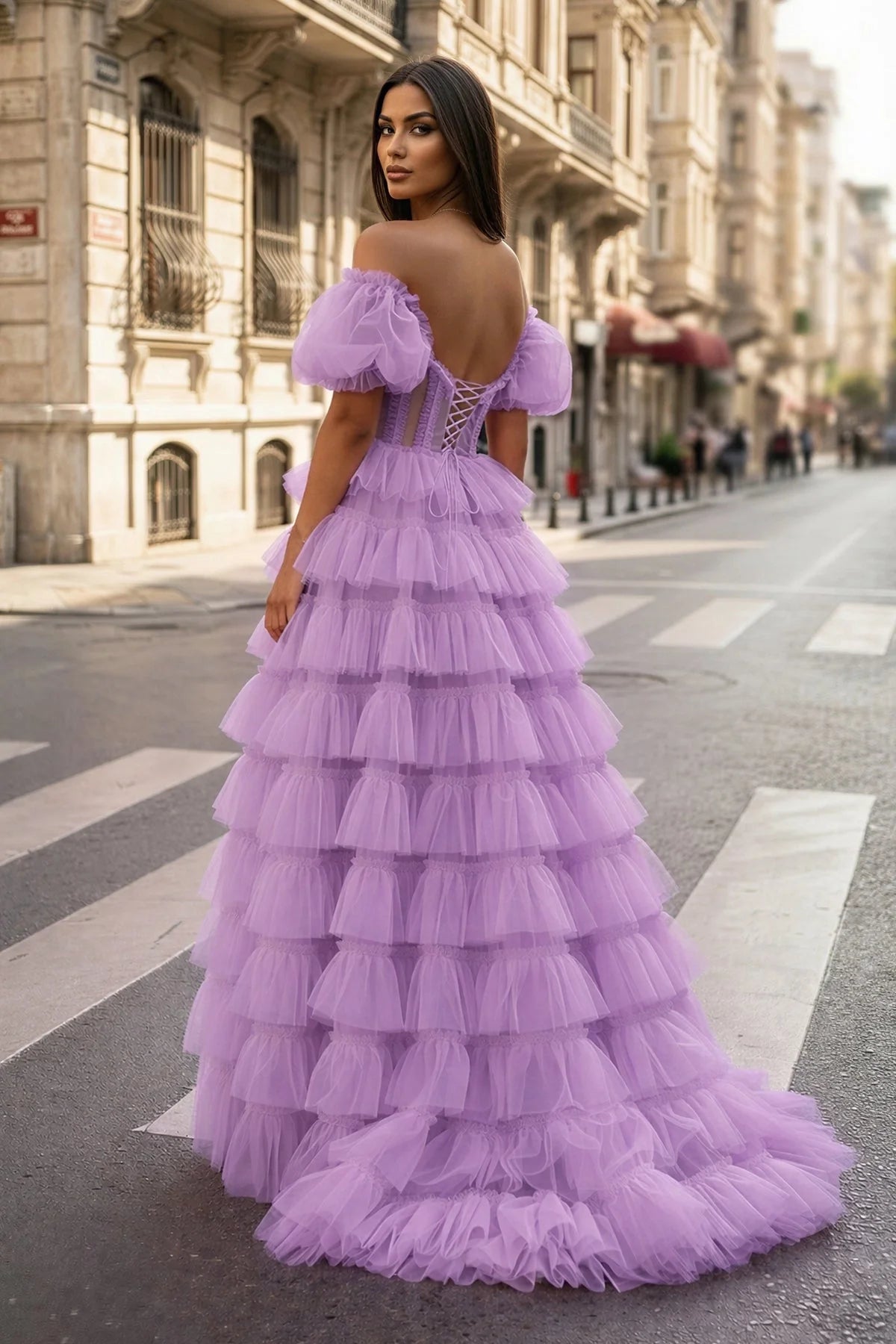 A-line Off-the-Shoulder Tulle Wedding Guest Dress with Slit - Curvevia