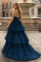 A-Line Spaghetti Straps Long Tiered Tulle Prom Dress With Split - Curvevia