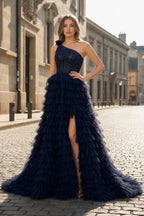 A Line One Shoulder Tiered Long Mother of the Bride Dress - Curvevia