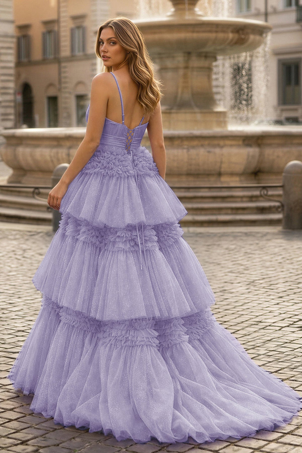 A-Line Spaghetti Straps Long Tiered Tulle Prom Dress With Split - Curvevia