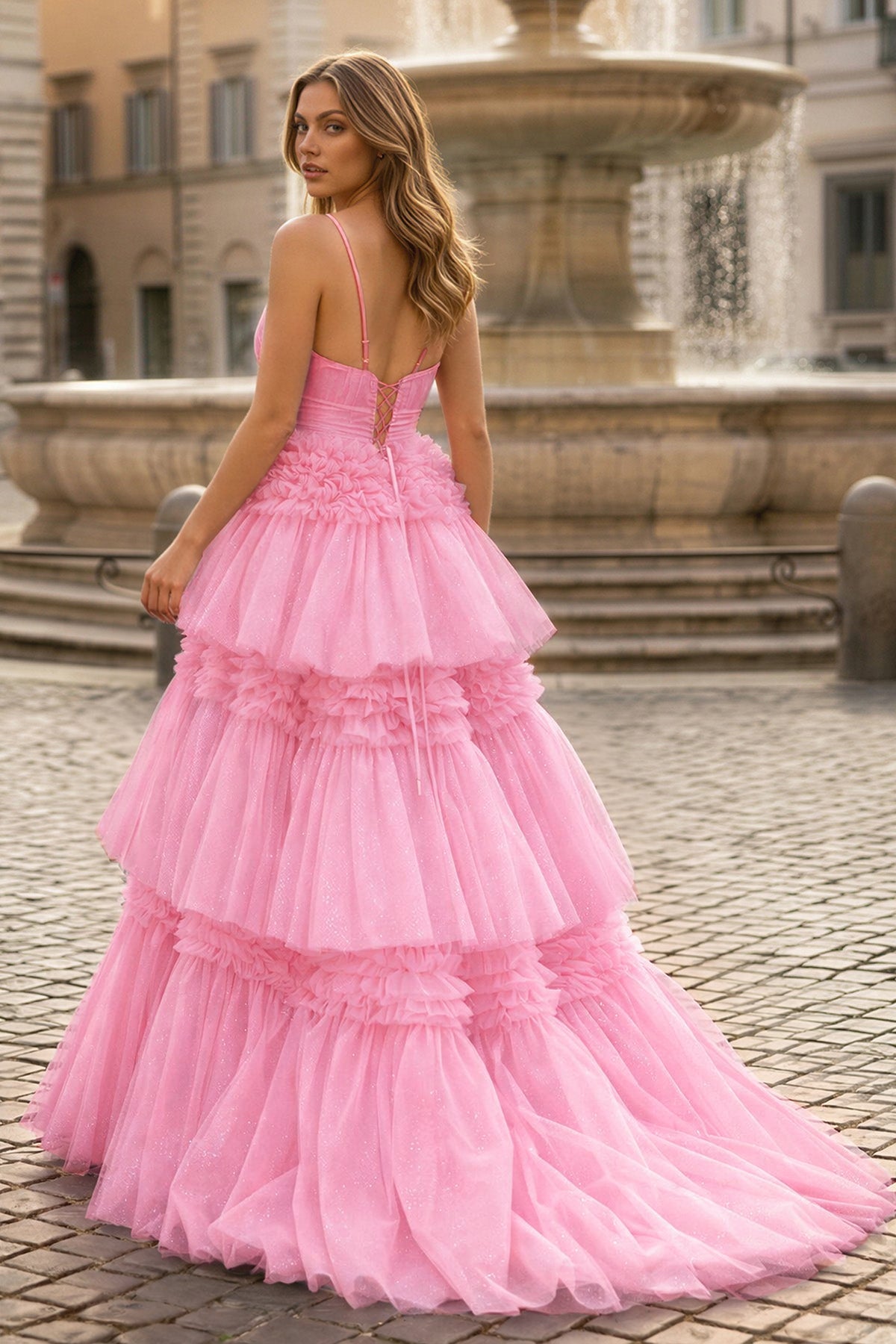 A-Line Spaghetti Straps Long Tiered Tulle Prom Dress With Split - Curvevia