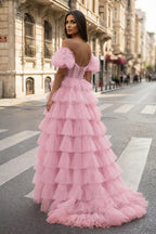 A-line Off-the-Shoulder Tulle Wedding Guest Dress with Slit - Curvevia