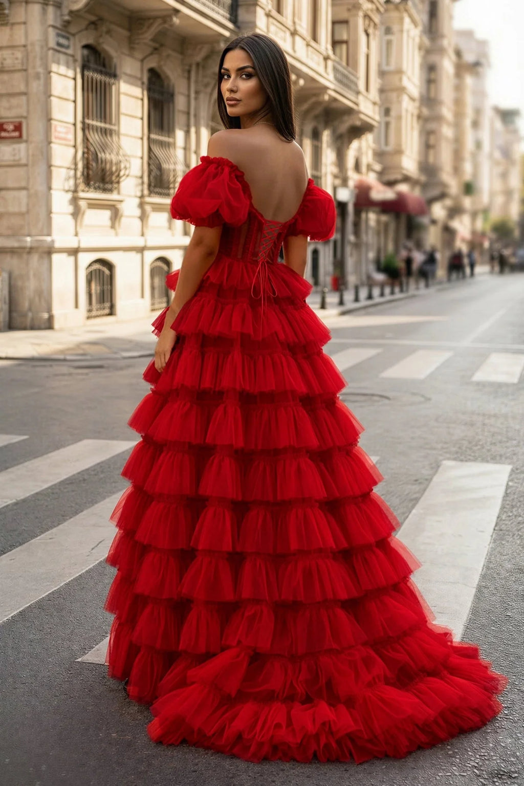 A-line Off-the-Shoulder Tulle Wedding Guest Dress with Slit - Curvevia