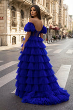 A-line Off-the-Shoulder Tulle Wedding Guest Dress with Slit - Curvevia