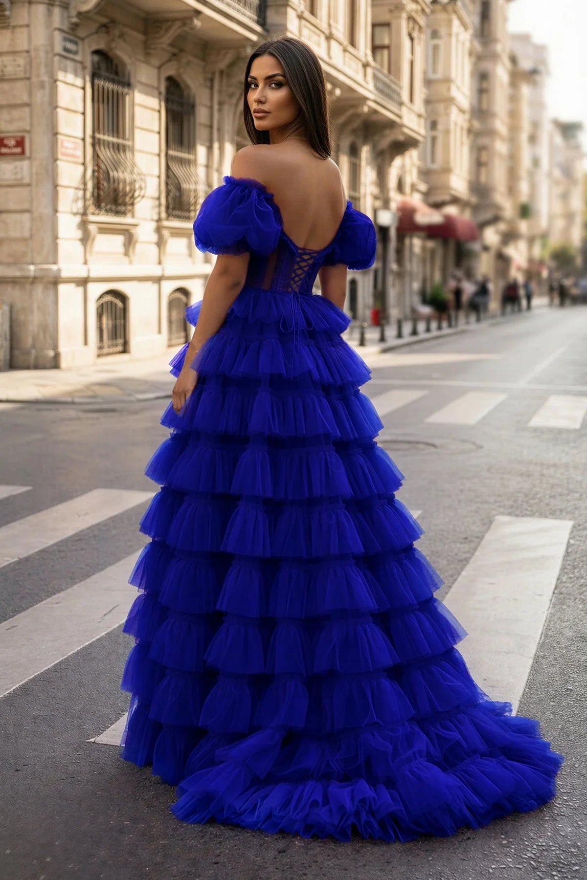 A-line Off-the-Shoulder Tulle Wedding Guest Dress with Slit - Curvevia