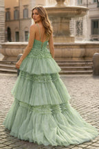 A-Line Spaghetti Straps Long Tiered Tulle Prom Dress With Split - Curvevia