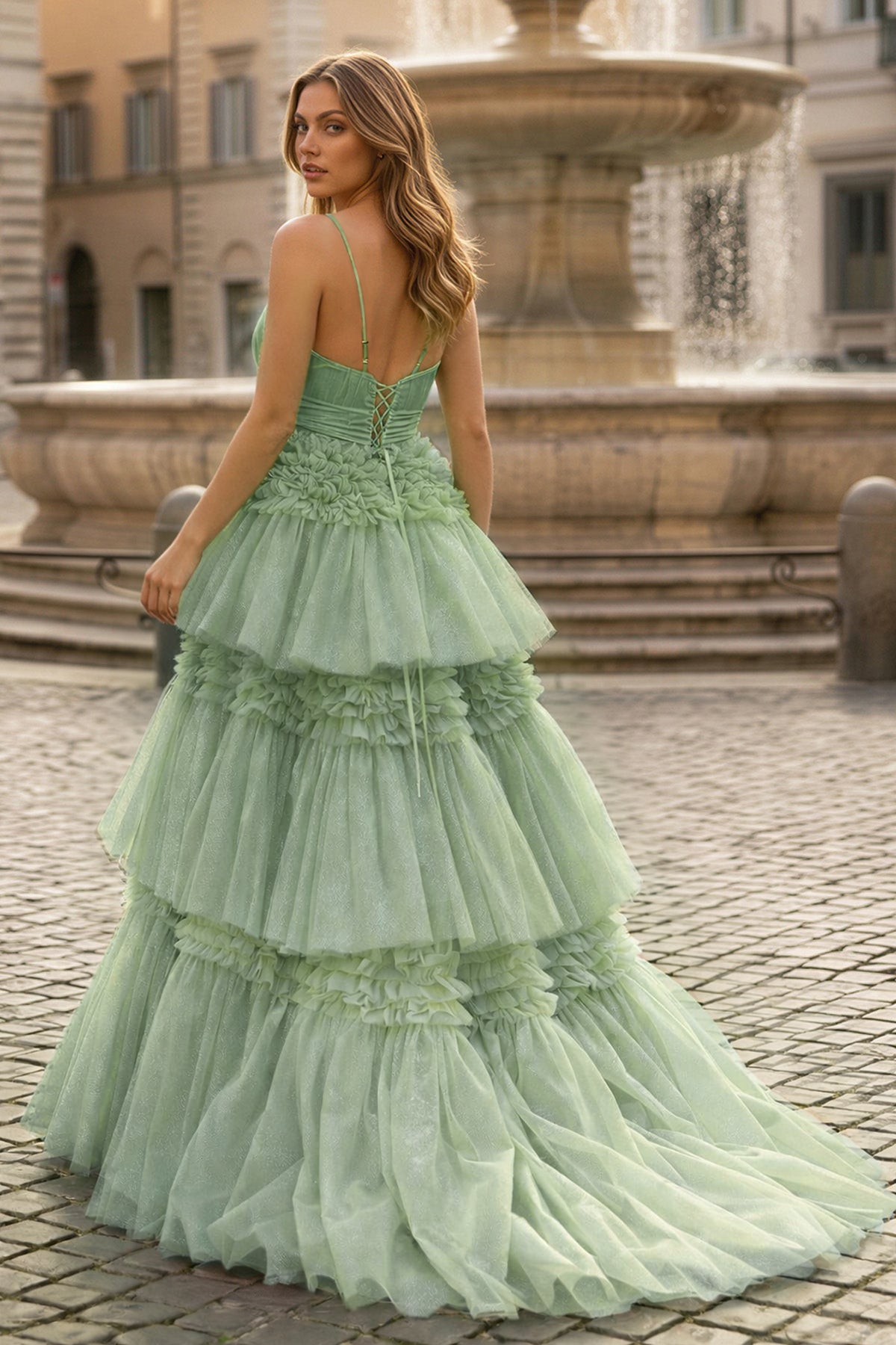 A-Line Spaghetti Straps Long Tiered Tulle Prom Dress With Split - Curvevia
