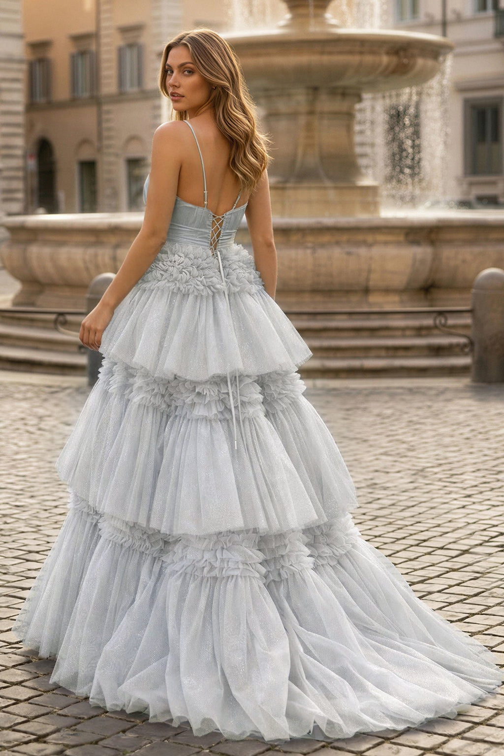 A-Line Spaghetti Straps Long Tiered Tulle Prom Dress With Split - Curvevia