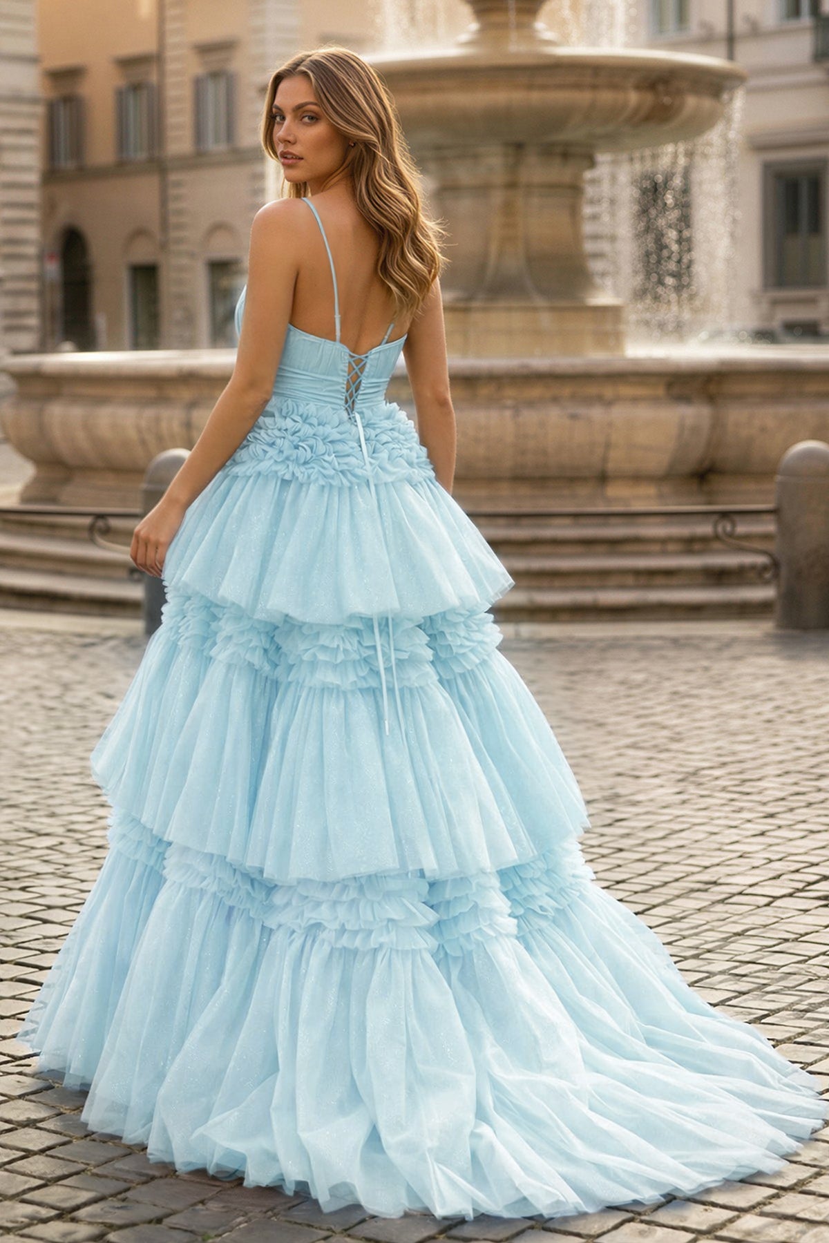 A-Line Spaghetti Straps Long Tiered Tulle Prom Dress With Split - Curvevia