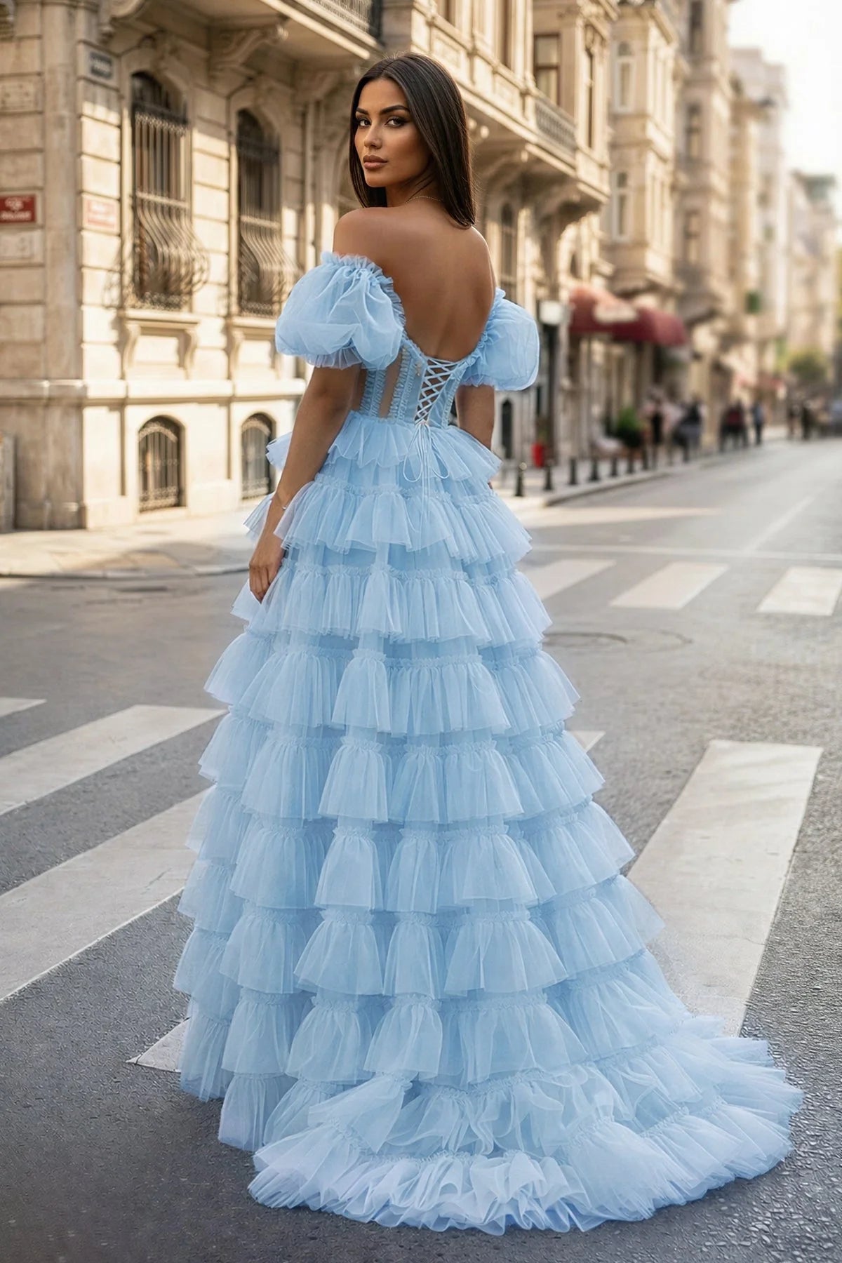 A-line Off-the-Shoulder Tulle Wedding Guest Dress with Slit - Curvevia