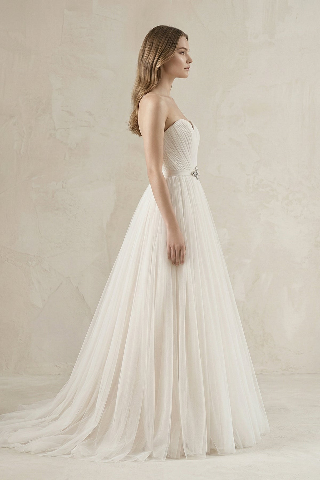 Tulle Sweetheart A-Line Pleated Wedding Gown in Ivory - Curvevia