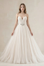 Tulle Sweetheart A-Line Pleated Wedding Gown in Ivory - Curvevia