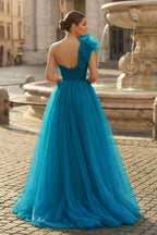 A-Line One Shoulder Long Tulle Wedding Guest Dress with Ruffles - Curvevia