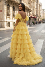 A-line Off-the-Shoulder Tulle Wedding Guest Dress with Slit - Curvevia