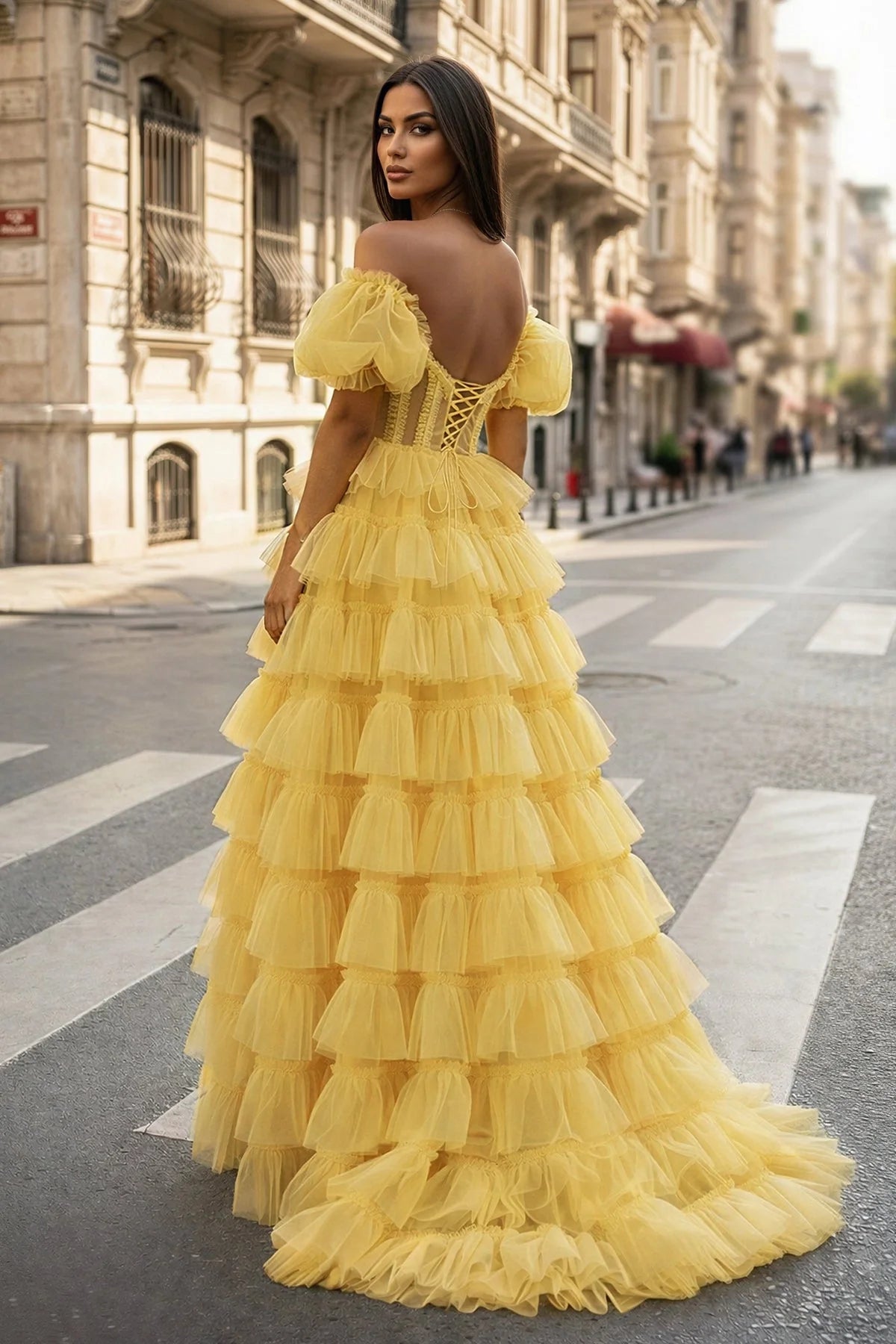 A-line Off-the-Shoulder Tulle Wedding Guest Dress with Slit - Curvevia